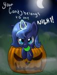 blue_eyes blue_hair candy crown dessert dialogue female feral food fruit glowing grass hair headgear horn jack-o'-lantern lollipop magic moon night outside plant pumpkin solo sparkles star text young pon3splash friendship_is_magic hasbro my_little_pony mythology princess_luna_(mlp) equid equine mammal mythological_creature mythological_equine unicorn 2013 absurd_res english_text hi_res