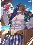 5_fingers abs alcohol aloha_jacket anthro arm_hair armpit_hair beach belt beverage big_muscles blue_body blue_bottomwear blue_clothing blue_fur blue_hair blue_pants blush blush_lines body_hair bottomwear brown_belt bulge cherry clothed clothing cloud cocktail day dipstick_tail eyebrows featureless_chest fingers food fruit fur grin hair heart_symbol holding_beverage holding_object ice_cube jacket long_hair male markings multicolored_body multicolored_bottomwear multicolored_clothing multicolored_fur multicolored_hair muscular muscular_anthro muscular_male navel one_eye_closed open_clothing open_jacket open_mouth open_smile open_topwear orange_body orange_fur orange_hair pants pattern_bottomwear pattern_clothing pattern_jacket pattern_pants pattern_topwear pecs plant sea sharp_teeth shirtless smile solo standing star_symbol striped_bottomwear striped_clothing striped_pants stripes tail tail_markings teeth three-quarter_view topwear two_tone_bottomwear two_tone_clothing two_tone_hair two_tone_pants water white_body white_bottomwear white_clothing white_fur white_pants wink shibas0da epic_games fortnite purradise_meowscles calico_cat domestic_cat felid feline felis mammal 2024 3:4 digital_media_(artwork) hi_res portrait shaded signature three-quarter_portrait