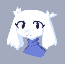 anthro black_eyes blue_clothing blue_sweater blue_topwear clothing eyelashes facial_scar female female_anthro floppy_ears fur glistening glistening_eyes grey_background looking_at_viewer lop_ears mouth_closed scar simple_background solo sweater topwear white_body white_ears white_fur x_scar uglycoal cave_story sue_sakamoto lagomorph mammal mimiga 2024 digital_media_(artwork) headshot_portrait pixel_(artwork) portrait shaded