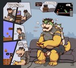 anthro black_hair bowser clothing controller dialogue english_text erection famicom famicom_console furniture game_controller game_screen genitals growth hair hi_res horn human humanoid_genitalia humanoid_penis koopa laugh living_room male mammal mario_bros mid_transformation nintendo penis scalie shell simple_background slightly_chubby slightly_chubby_anthro snout snout_growth sofa solo species_transformation speech_bubble tail tail_growth tail_growth_in_pants taitora text torn_clothing transformation transformation_sequence transformation_through_technology weight_gain
