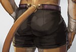 anthro bandage biped bottomwear butt butt_shot clothed clothing countershade_fur countershade_legs countershading fur furgonomics male shorts solo tail tan_body tan_countershading tan_fur topless inubikko felid lion mammal pantherine 2022 digital_media_(artwork) digital_painting_(artwork) painting_(artwork)