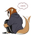 ambiguous_gender anthro bottomwear brown_body brown_hair clothing grey_clothing grey_hoodie grey_topwear hair hoodie mask pants simple_background sitting solo tail tail_motion tailwag text thought_bubble topwear white_background redxbacon red_(redxbacon) mammal mustelid otter 2023 digital_media_(artwork) english_text female_(lore)