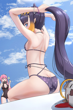 ambiguous_gender bikini blood blue_eyes blush bodily_fluids breasts butt camera cleavage clothed clothing eyewear eyewear_on_head female gesture group hair hand_gesture humanoid_pointy_ears navel_outline nosebleed open_mouth open_smile pink_eyes pink_hair pointy_ears ponytail purple_eyes sitting smile sunglasses sunglasses_on_head swimwear thumbs_up trio two-piece_swimsuit wearing_sunglasses reyylan hololive hololive_en vtuber mori_calliope ninomae_ina'nis animal_humanoid aquatic aquatic_humanoid cephalopod cephalopod_humanoid human humanoid mammal mollusk mollusk_humanoid 2022 2:3 absurd_res hi_res