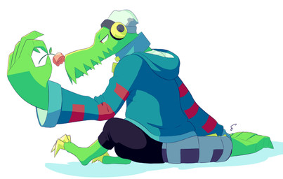anthro clothing cybernetics electronics flower headphones machine male metal_tail plant prosthetic rose_(flower) sniffing solo derfisch lethal_league latch crocodile crocodilian reptile scalie