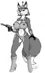 5_fingers anthro areola armor big_breasts biped black_nose boots breasts claws cleavage clothed clothing dipstick_ears dipstick_tail ear_markings female fingers fluffy fluffy_tail footwear gun handgun headgear helmet high_heeled_boots high_heels inner_ear_fluff markings multicolored_ears multicolored_tail nipple_analogue nipples open_mouth ranged_weapon shoes simple_background skimpy solo standing tail tail_markings tuft weapon white_background doug_winger canid canine fox mammal greyscale monochrome