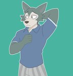 2024 anthro beastars biped blue_clothing blue_shirt blue_topwear bottomwear canid canine canis cheek_tuft clothing digital_drawing_(artwork) digital_media_(artwork) facial_tuft fur green_background grey_body grey_bottomwear grey_clothing grey_fur hand_behind_head hi_res legoshi_(beastars) male mammal neck_tuft shirt simple_background solo standing suitedwolfie topwear tuft white_body white_fur wolf