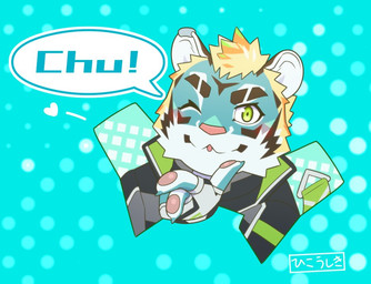 anthro blonde_hair blowing_kiss blue_body blue_fur blush chibi clothing fingerless_gloves fur gloves green_eyes hair handwear male one_eye_closed pawpads solo striped_body striped_fur stripes wink musou_luf lifewonders live_a_hero rexer