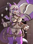 anthro bdsm bondage bound breasts butt buttplug chain chained chastity_belt chastity_bra chastity_device collar cuff_(restraint) cuffs_to_collar dagger fantasy female hair holding_dagger holding_melee_weapon holding_object holding_weapon horn lock melee_weapon metal_collar open_mouth plug_(sex_toy) purple_body purple_scales restrained restraints scales sex_toy shackles shield slave smile solo standing submissive submissive_female weapon white_hair yonic_chastity_device hyattlen dungeons_and_dragons hasbro wizards_of_the_coast nicoya kobold reptile scalie 2022 3:4 hi_res