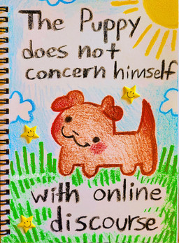:3 ambiguous_gender anthro blue_sky brown_body brown_fur cloud cloudy_sky fur grass plant sky solo star sun text basil_mage the_lion_does_not_concern_himself canid canine canis domestic_dog mammal crayon_(artwork) english_text hi_res traditional_media_(artwork)
