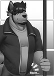 anthro canid canine canis comic domestic_dog duo facial_hair hi_res male mammal monochrome sush1d0g3