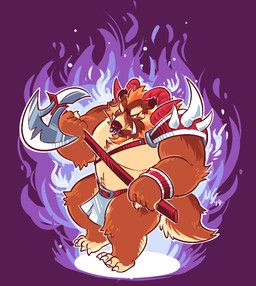 anthro axe beard biped bottomwear brown_body brown_fur clothing facial_hair facial_piercing fur horn humanoid_hands loincloth male melee_weapon musclegut muscular nose_piercing piercing solo tusks weapon greenendorf mammal 2014