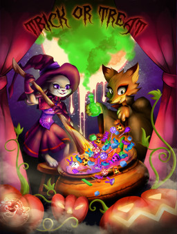 anthro candy clothed clothing curtains dessert duo female food fruit fur hat headgear headwear holidays jack-o'-lantern magic_user male plant potion pumpkin pumpkin_carving smoke teeth text vines witch azura_inalis disney halloween zootopia benjamin_clawhauser judy_hopps nick_wilde canid canine cheetah felid feline fox lagomorph leporid mammal rabbit red_fox true_fox vampire 2016 hi_res