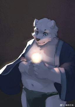 anthro black_nose blue_clothing blue_eyes bottomwear cheek_tuft clothed clothing facial_tuft fur glistening glistening_eyes loincloth magic_user male male_anthro mouth_closed navel overweight overweight_anthro overweight_male simple_background solo tuft weibo_logo white_body white_fur awaldkize weibo hi_res portrait three-quarter_portrait