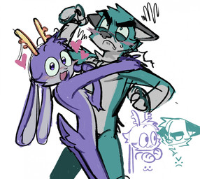 angry anthro antlers biped blush duo fur green_body green_fur happy heart_symbol horn male nude_anthro nude_male purple_body purple_fur safe_nudity simple_background slim_anthro slim_male white_background 0scribble_nibble bedfellows fatigue_(bedfellows) sheen_(bedfellows) canid canine fox jackalope lagomorph mammal 2025 hi_res