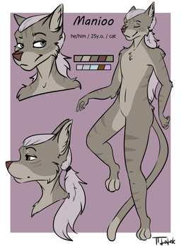 anthro biped brown_body brown_fur cat_tail eyes_closed fur green_eyes hair male ponytail simple_background solo white_hair loleczeq manioo8 domestic_cat felid feline felis mammal absurd_res hi_res model_sheet