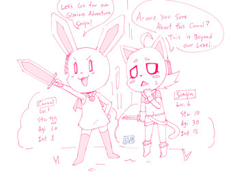 4_fingers accessory anthro asking asking_another blush blush_lines blush_stickers boots buckteeth carrot_hairclip clothing confident confident_female dialogue dress duo ellipsis exclamation_point eyelashes fangs female female_anthro fingers footwear gloves grass hair_accessory hairclip hand_on_hip hand_on_own_hip handwear holding_knife holding_melee_weapon holding_object holding_sword holding_weapon knife level_difference level_number melee_weapon nervous open_mouth open_smile outside pink_line_art plant question_mark round_nose shoes shrub simple_background smile speech_bubble standing stats stuttering sword teeth text tongue tree triangle_nose weapon white_background young young_anthro young_female oversleeper carrol_(oversleeper) sonya_(oversleeper) domestic_cat felid feline felis lagomorph leporid mammal rabbit 2024 4:3 character_name colored_line_art digital_drawing_(artwork) digital_media_(artwork) english_text hi_res
