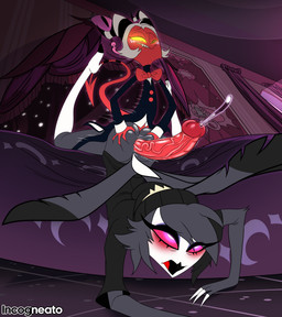anthro ass_up bangs beanie bed bedroom big_penis bite biting_lip black_body black_feathers blush bodily_fluids bottomless butt butt_grab cartoon_freckles circumcised clothed clothing duo erection eyelashes eyeshadow feathers female freckled_face freckles from_behind_position furniture genital_fluids genitals hand_on_butt hat head_down_ass_up headgear headwear hot_dogging long_eyelashes low-angle_view makeup male male/female motion_lines mounting open_mouth penis precum purple_eyeshadow red_body red_skin sex size_difference smaller_male tail tail_feathers tear_trough vein veiny_penis incogneato hellaverse helluva_boss moxxie_(helluva_boss) octavia_(helluva_boss) avian bird demon humanoid imp owl owl_demon absurd_res hi_res