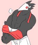 anthro athletic boxers_(clothing) butler classy clothed clothing clothing_pull elegant loose_necktie loose_tie male mask muscular muscular_anthro muscular_arms muscular_male removing_shirt solo standing underwear undressing darkmodejay deltarune undertale_(series) avian swatchling hi_res