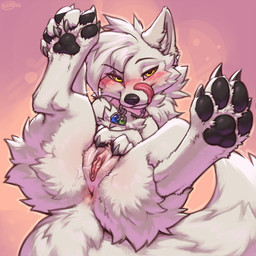 anus black_nose black_pawpads blushing_at_viewer bodily_fluids claws feet female feral foot_focus fur genital_fluids genitals grey_claws humanoid_genitalia humanoid_genitalia_on_feral humanoid_vulva humanoid_vulva_on_feral inner_labia licking licking_lips looking_at_viewer lying on_back pawpads presenting presenting_vulva solo spreading tail tongue tongue_out vaginal_fluid_string vaginal_fluids vaginal_fluids_on_hand vulva white_body white_fur white_tail yellow_eyes k0ira canid canine canis mammal wolf 1:1 hi_res