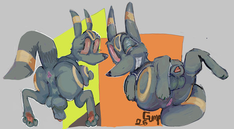 abstract_background anus backsack balls eyelashes feral genitals looking_back male multi_nipple nipples penis penis_tip smile smirk solo wide_eyed guddlegump nintendo pokemon eeveelution generation_2_pokemon pokemon_(species) umbreon 2026 digital_drawing_(artwork) digital_media_(artwork) signature