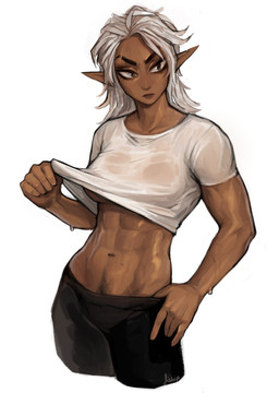abs athletic athletic_female bodily_fluids breasts clothed clothing clothing_lift dark_body dark_skin female hair humanoid_pointy_ears olivia_(fiship) pointy_ears pubes solo sweat sweatdrop tomboy wet wet_clothing white_hair fiship elf humanoid mammal absurd_res hi_res portrait three-quarter_portrait