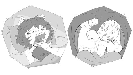 anthro bed duo female female/female finger_in_mouth furniture mouth_held_open mouth_play on_bed open_mouth reverse_mouth_shot sharp_teeth teeth tongue under_covers uvula lecigzz domestic_cat felid feline felis lion mammal pantherine 2022 greyscale monochrome