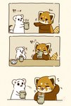 beverage biped black_eyes black_nose brown_body chibi dot_eyes drinking duo eyes_closed feral kemono simple_eyes tea text tongue tongue_out white_body shi_nominmin ailurid mammal mustelid musteline red_panda stoat true_musteline weasel 2025 comic hi_res japanese_text