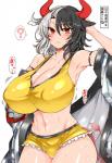 big_breasts black_hair blush bodily_fluids bottomwear breast_expansion breasts cleavage clothed clothing expansion female frown hair horn huge_breasts midriff multicolored_hair navel nipple_outline nipples puffy_nipples question_mark red_eyes shorts solo sweat tail tail_tuft text tuft white_hair roki_(hirokix) touhou urumi_ushizaki animal_humanoid bovid bovid_humanoid bovine bovine_humanoid humanoid mammal mammal_humanoid hi_res japanese_text translated