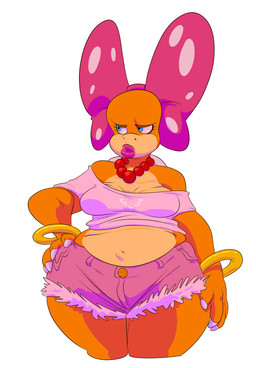 accessory anthro belly big_breasts blue_eyes bottomwear bow_(feature) bow_accessory bow_ribbon bracelet breasts centered_hair_bow cleavage clothed clothing curvy_figure denim denim_clothing female hair_accessory hair_bow hair_ribbon jewelry lips midriff necklace non-mammal_breasts overweight overweight_anthro overweight_female pouting ribbons shirt shorts simple_background solo thick_lips thick_thighs topwear voluptuous white_background wide_hips slb mario_bros nintendo koopaling wendy_o._koopa koopa scalie 2015 absurd_res digital_media_(artwork) hi_res
