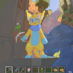 3_toes 4_fingers anthro blue_body blue_fur cute_fangs detailed_background dirt fangs feet female fingers fur heterochromia horn inner_ear_fluff inventory open_mouth pickaxe pickaxe_(minecraft) plant ribbons rock solo teeth toes tongue tree tuft water white_body white_fur yellow_body yellow_fur basilbxun microsoft minecraft mojang mythology xbox_game_studios dragon furred_dragon furred_scalie mythological_creature mythological_scalie scalie 1:1 hi_res