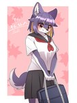 anthro black_bottomwear black_clothing black_skirt blush bottomwear breasts clothed clothing female female_anthro fingers fully_clothed fur furgonomics hair kemono purple_body purple_fur purple_hair red_eyes school_uniform skirt smile solo standing tail tail_through_skirt text uniform nachiwanko canid canine canis mammal wolf 2021 absurd_res digital_media_(artwork) hi_res japanese_text shaded