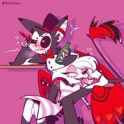 alcohol anthro beverage black_body black_clothing black_fur black_legwear black_thigh_highs blush clothing drunk duo fur genitals gloves handwear hat headgear headwear heart_symbol legwear licking male male/male oral orange_eyes penile penis penis_lick pink_clothing pink_gloves pink_handwear red_eyes sex substance_intoxication text thigh_highs tongue tongue_out top_hat white_body white_fur cakenameless hazbin_hotel hellaverse angel_dust husk_(hazbin_hotel) arachnid arthropod spider 1:1 english_text hi_res
