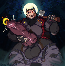 animal_genitalia animal_penis anthro axe balls barazoku beard belly biceps biped body_hair bottomwear bottomwear_down canine_genitalia canine_penis chest_hair clothed clothing erection facial_hair facial_piercing forest fur genital_piercing genitals hair hairy hockey_mask holidays knot knotted_penis looking_at_viewer low-angle_view male mask mature_male multicolored_body multicolored_fur multiple_piercings musclegut muscular muscular_anthro muscular_male night nipple_piercing nipples outside pants pants_down partially_clothed pecs penis penis_piercing piercing plant prince_albert_piercing pubes saggy_balls solo sports_mask sportswear standing thick_thighs tree vein veiny_penis aereous friday_the_13th_(series) halloween jason_voorhees mammal digital_media_(artwork) hi_res