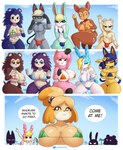 2022 4_fingers absurd_res animal_crossing ankha_(animal_crossing) anthro bangs big_breasts big_butt bikini blue_hair blush blush_stickers bob_cut breast_size_difference breasts bulge butt canid canine canis chrissy_(animal_crossing) clothed clothing comic deer dialogue digital_media_(artwork) domestic_cat domestic_dog english_text eulipotyphlan eyes_closed eyewear fauna_(animal_crossing) felid feline felis female femboy fighting_pose fingers francine_(animal_crossing) gammainks glasses group hair half-closed_eyes hedgehog heterochromia hi_res hooves huge_breasts isabelle_(animal_crossing) label_able lagomorph leporid mabel_able male mammal markings marshal_(animal_crossing) multicolored_body narrowed_eyes nintendo older_sibling older_sister outside pose rabbit raymond_(animal_crossing) reese's reese_(animal_crossing) rodent sable_able sasha_(animal_crossing) sciurid scut_tail short_tail sibling_(lore) sister_(lore) sisters_(lore) striped_markings striped_tail stripes swimwear tail tail_markings text thick_thighs topless tree_squirrel triangle_bikini two-piece_swimsuit two_tone_body uraeus wide_hips yellow_body yellow_inner_ear younger_sibling younger_sister