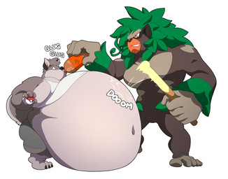 anthro belly belly_drum beverage_bottle big_belly bloated bottle container duo fur grey_body grey_fur male male/male overweight pokeball soda_bottle soda_inflation standing dkmate1 fatsomon nintendo pokemon bongo_(fatsomon) ape canid canine canis generation_8_pokemon gorilla haplorhine mammal pokemon_(species) primate rillaboom wolf hi_res