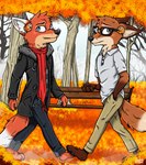 autumn bench blue_eyes brown_body brown_fur eyewear fur glasses group male orange_body orange_fur purple_eyes scarf white_body white_fur ziegelzeig bad_guy_cafe christopher_(sidefish) sidefish ziegelzeig_zoona canid canine fish fox mammal marine 2022