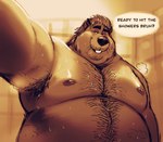 anthro armpit_hair belly big_belly bodily_fluids body_hair dialogue male moobs nipples nude obese obese_male overweight overweight_anthro overweight_male solo sweat text shibadoodles chuy_(mayku) beaver mammal rodent 2022 english_text hi_res