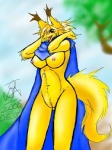 anthro biped breasts clothed clothing coat female fur genitals nipples open_mouth outside partially_clothed plant pussy sky solo standing tail topwear tree yellow_body yellow_fur yellow_skin camiod sega shining_(sega) shining_force alef_(shining) canid canine fox mammal 2008 3:4