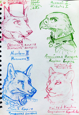 anthro emperor group historical king male monarch royalty anxiousboar accipitrid accipitriform avian bird canid canine eagle felid lion mammal pantherine absurd_res graphite_(artwork) headshot_portrait hi_res portrait shaded sketch traditional_media_(artwork)