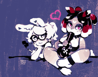 anthro areola areola_slip barefoot big_breasts bong breasts drugs duo eyewear feet female glasses hair heart_symbol looking_at_viewer marijuana ponytail round_glasses simple_background sitting smile bestfriendforever besty_(character) lagomorph leporid mammal rabbit 2026 digital_media_(artwork) hi_res nonbinary_(lore)