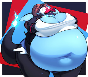 alternate_species anthro arm_spikes baseball_cap belly belly_overhang big_belly big_breasts biped black_body blue_body blue_fire border bottomwear breasts breath_powers brown_hair cleavage clothed clothing colored_fire countershade_torso countershading deep_navel denim denim_bottomwear denim_clothing denim_shorts elemental_manipulation female fire fire_breathing fire_manipulation flaming_tail furrification grabbing_own_breast grin hair hat headgear headwear holding_breast hotpants huge_belly huge_breasts jacket long_hair looking_at_breasts looking_at_own_breasts looking_at_self minishorts morbidly_obese morbidly_obese_anthro morbidly_obese_female multicolored_body narrowed_eyes navel obese obese_anthro obese_female overweight overweight_anthro overweight_female pointy_ears ponytail red_eyes sharp_teeth shirt shorts shoulder_spikes simple_background small_wings smile solo spikes spikes_(anatomy) standing tail teeth thick_tail thick_thighs topwear two_tone_body white_border wide_hips wings princecoffeecakes mythology nintendo pokemon hilda_(pokemon) hildazard dragon generation_6_pokemon mega_charizard mega_charizard_x mega_evolution mythological_creature mythological_scalie pokemon_(species) scalie 2025 absurd_res digital_drawing_(artwork) digital_media_(artwork) hi_res portrait three-quarter_portrait