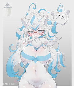 4_fingers anthro big_breasts biped blue_eyes blue_hair blush breasts dessert duo eyewear featureless_breasts featureless_crotch female fingers food front_view glasses hair hand_on_breast ice_cream long_hair looking_at_viewer multicolored_body multicolored_hair navel nude nude_female open_mouth open_smile simple_background smile solo_focus text two_tone_body white_body white_ears white_hair wide_hips enexofme the_battle_cats king_of_destiny_phonoa domestic_cat felid feline felis mammal 2025 absurd_res artist_name dated digital_drawing_(artwork) digital_media_(artwork) half-length_portrait hi_res portrait