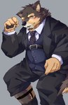 anthro blush brown_body brown_fur clothing footwear fur garter_belt garter_belt_socks garter_straps male muscular muscular_anthro muscular_male necktie socks solo suit boar_stag144 lifewonders live_a_hero pubraseer canid canine canis domestic_dog mammal absurd_res hi_res