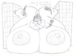 anthro belly big_belly big_breasts big_butt big_nipples breasts butt dialogue dynamax female huge_belly huge_breasts huge_butt huge_nipples hyper hyper_belly hyper_breasts looking_at_viewer macro nipples resting_on_belly solo text adamios nintendo pokemon sandpancake generation_1_pokemon pokemon_(species) sandslash english_text monochrome sketch