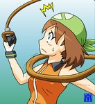 bodily_fluids brown_hair clothing eyes_closed female gloves gradient_background hair handwear holding_leash holding_object human_only leash not_furry side_view simple_background solo surprise sweat sweatdrop omoi nintendo pokemon may_(pokemon) pokemon_trainer human mammal 2011 low_res