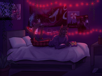 anthro bed black_body clothed clothing fur furniture grey_body male markings on_bed pajamas red_body red_markings solo spots spotted_body spotted_fur sweater topwear ethnjaws capcom limbus_company project_moon rain_world resident_evil terraria videocult kat_snynx_(katlynx) 4:3 hi_res