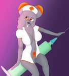 anthro balls bottomless breasts buckteeth chinchilla chinchillid clothed clothing comically_large_object conditional_dnp fur genitals glans grey_body grey_fur gusta gusty_(gusta) gynomorph hair hat headgear headwear herm_(lore) hi_res intersex mammal nurse_clothing nurse_hat nurse_headwear nurse_uniform orange_eyes orange_glans orange_stripes penis rodent solo stripes syringe teeth uniform