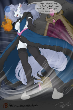 anthro armwear blue_eyes boots breasts chair cleavage clothed clothing detailed_background dialogue elbow_gloves eyeshadow female fire fireball footwear furniture gem girdle gloves glowing glowing_horn grey_hair hair handwear horn horseshoe legwear looking_at_viewer magic magic_user makeup panties piercing pink_quartz_(gem) power robe rock shoes solo stockings stone_floor stone_wall text throne underwear wall_(structure) phathusa hasbro my_little_pony mythology fan_character platinum_decree equid equine mammal mythological_creature mythological_equine unicorn elemental_(disambiguation) 2015 absurd_res english_text hi_res signature