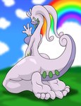 4_fingers 4_toes anthro barefoot butt feet female fingers foot_focus gesture green_eyes humanoid_feet looking_at_viewer looking_back plantigrade rainbow smile soles solo toes waving mostlyfunstuff nintendo pokemon generation_6_pokemon goodra pokemon_(species) absurd_res hi_res