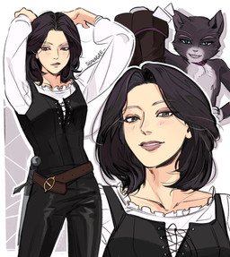alternate_species anthro belt black_hair blue_eyes blush blush_lines boots bottomwear clothed clothing female footwear hair happy humanized leather leather_bottomwear leather_clothing leather_pants looking_at_viewer medium_hair melee_weapon pants shoes smile solo standing sword weapon sonagee dreamworks puss_in_boots_(franchise) kitty_softpaws domestic_cat felid feline felis human mammal tuxedo_cat hi_res signature